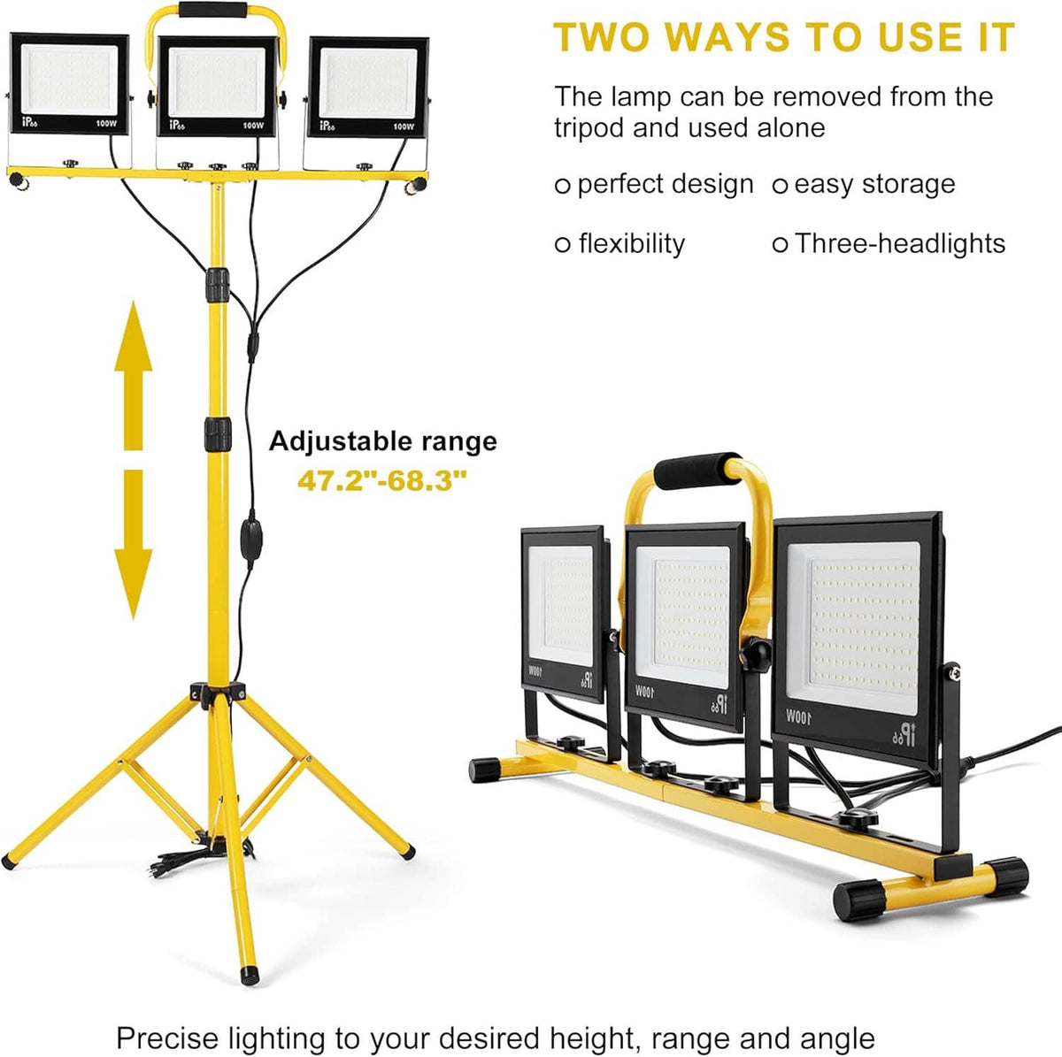 Adjustable height 3-head LED work light on tripod stand, three black LED panels