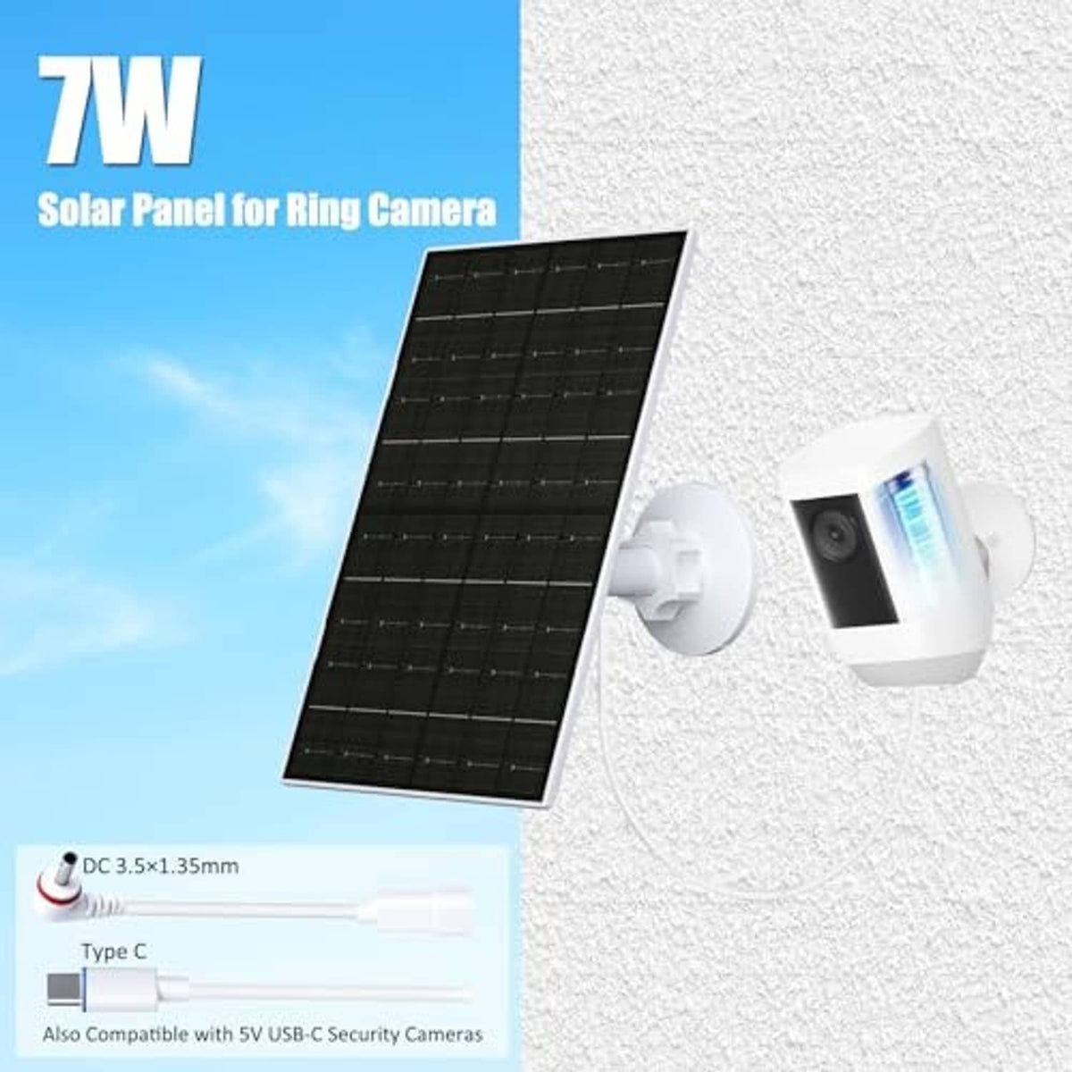Solar panel charger with black panel and white mounting bracket for security camera