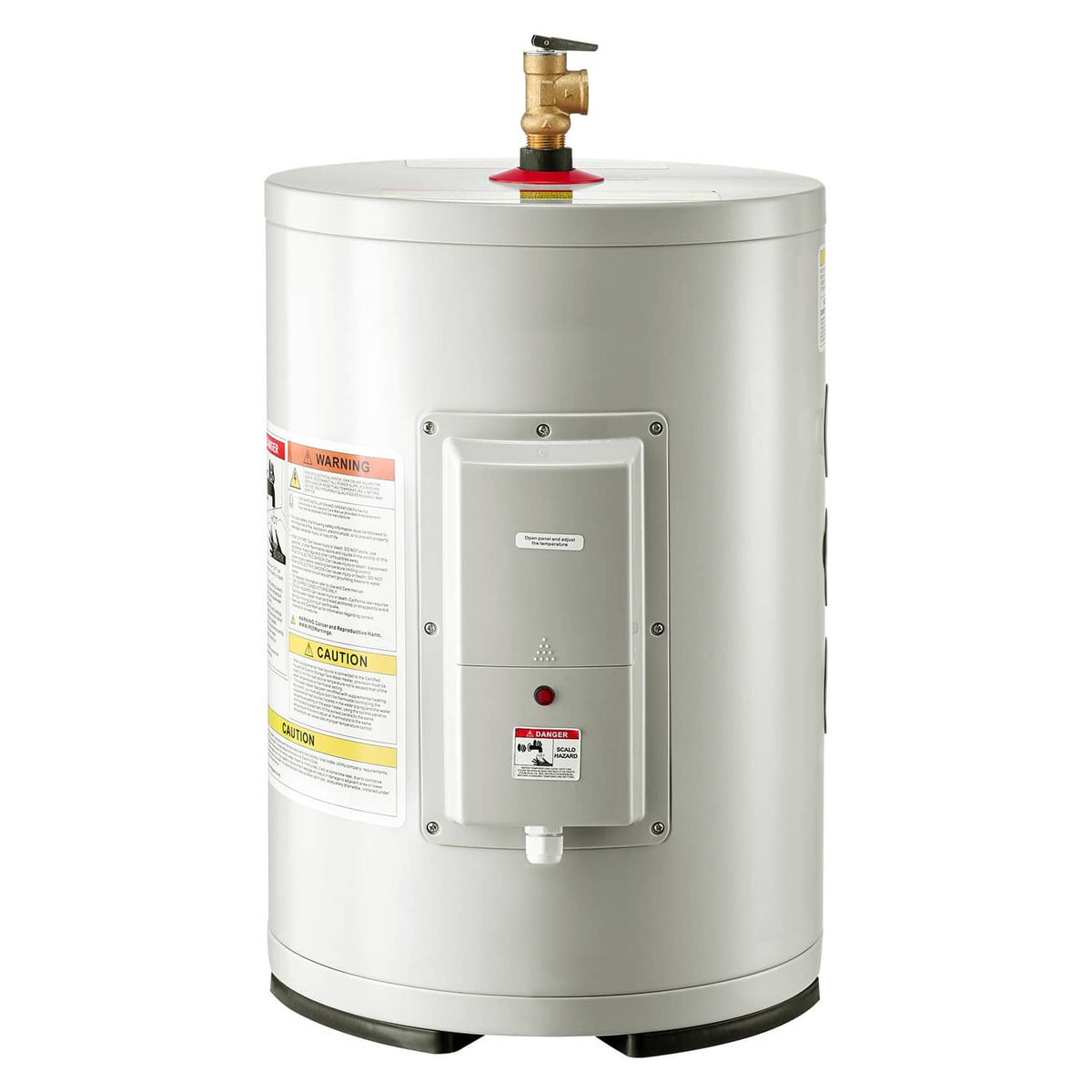 White compact electric water heater tank with top valve and front safety control panel