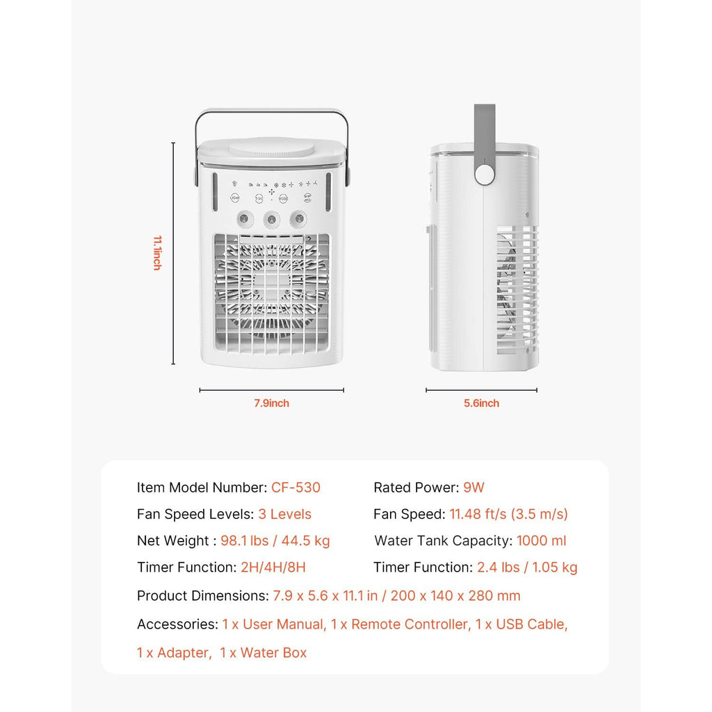 Portable air cooler dimensions view: front grille and side profile, white body with handle