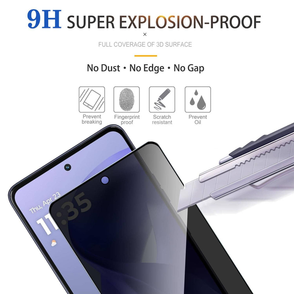Durable tempered privacy screen protector glass film, full screen coverage