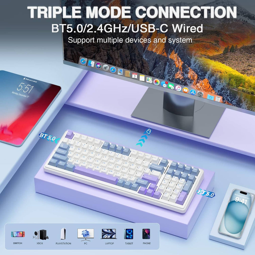 Mechanical keyboard with blue, purple, and white keycaps on a white case.