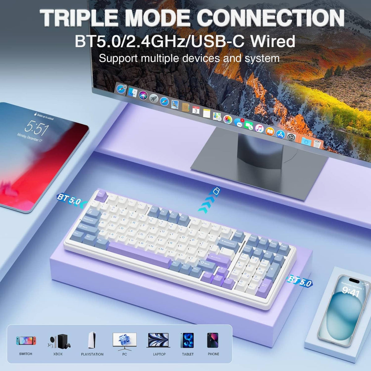 Mechanical keyboard with blue, purple, and white keycaps on a white case.