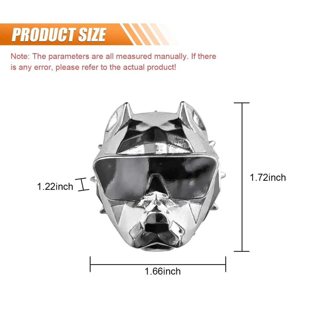 Silver zinc alloy push-start button cover, bulldog face shape with size outline