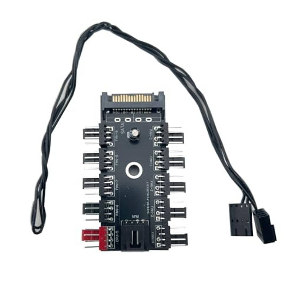 10-way PWM fan hub PCB with 4-pin fan headers and black data/power cable