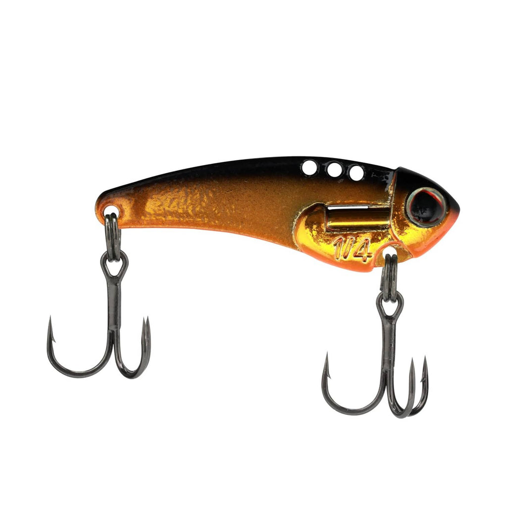 Blade bait fishing lure, bronze and orange metallic body with two treble hooks