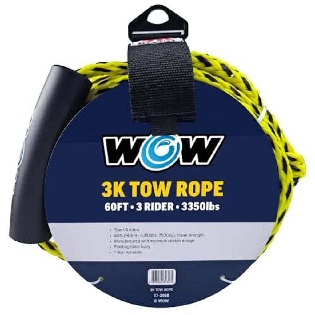 Yellow tow rope with black floating foam buoy and carrying strap, coiled bundle