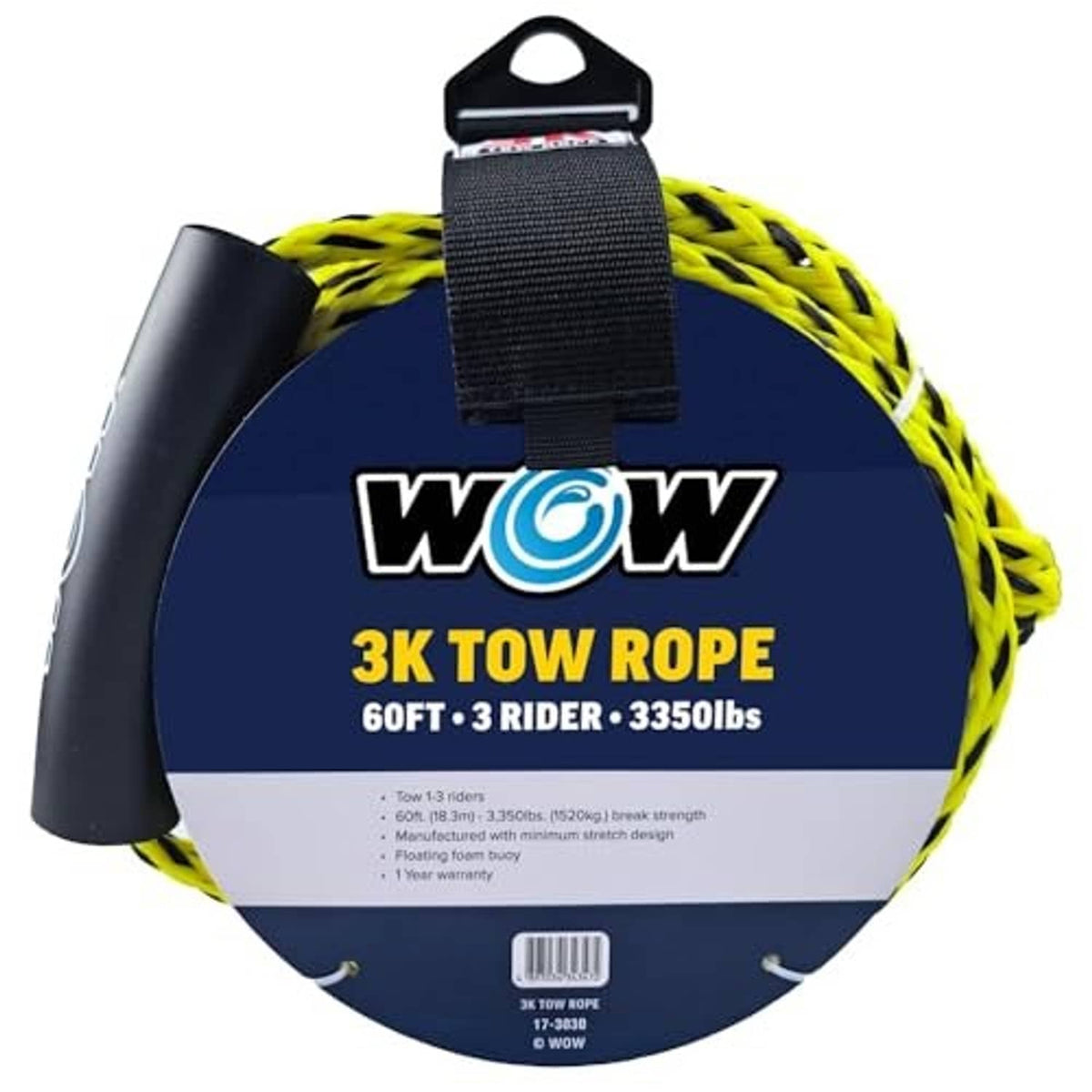 Yellow tow rope with black floating foam buoy and carrying strap, coiled bundle