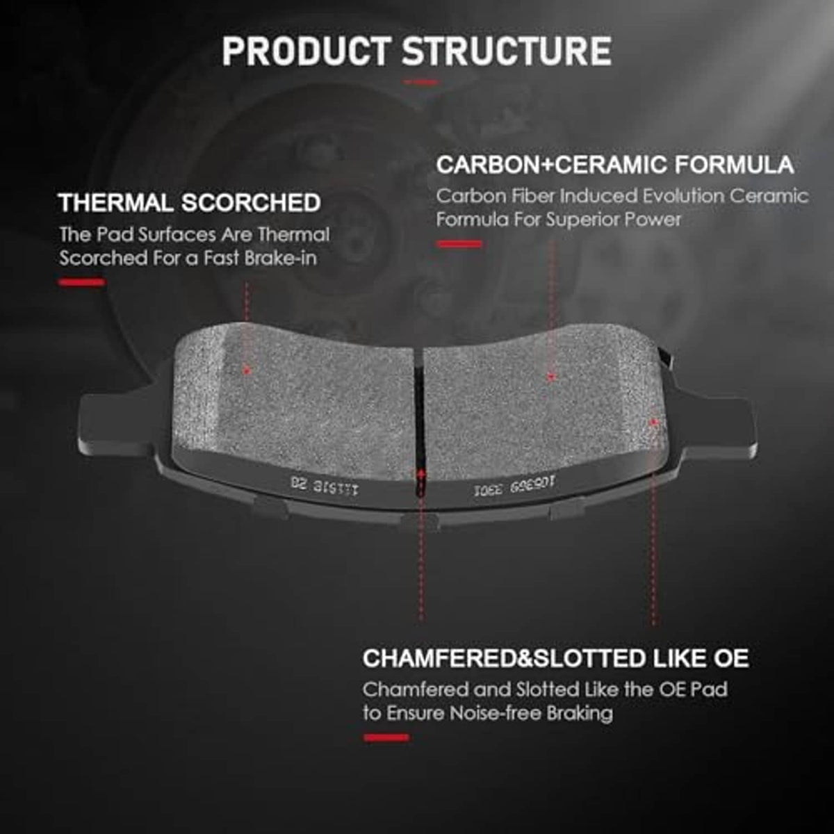 Ceramic brake pads pair with textured friction faces and chamfered edges