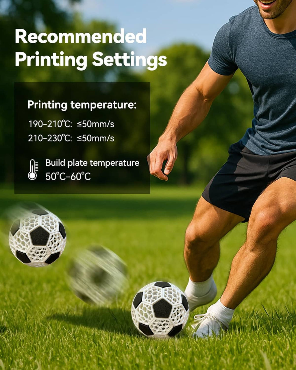 TPU-printed soccer balls with hex pattern near a runner in outdoor grass