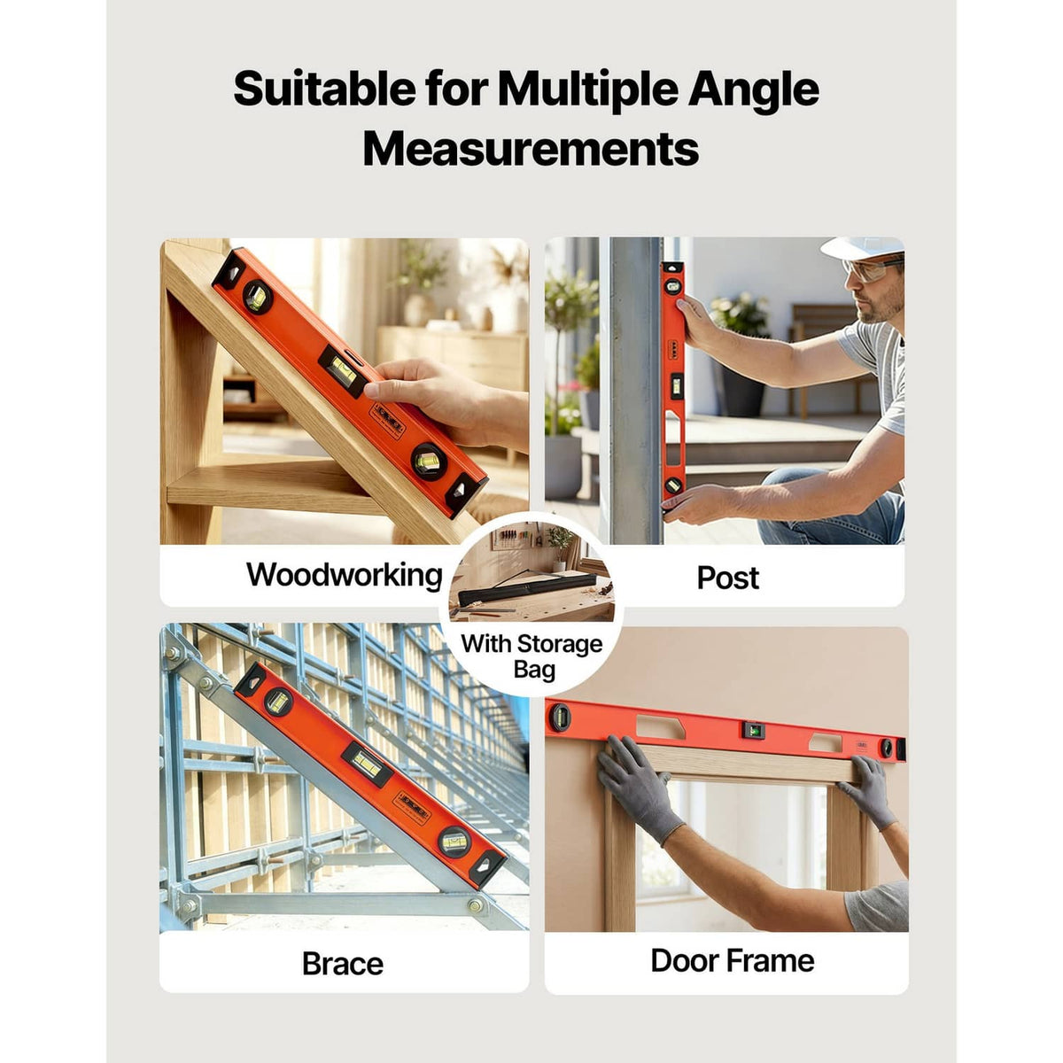 Orange magnetic I-beam level set for multiple angles, with storage bag