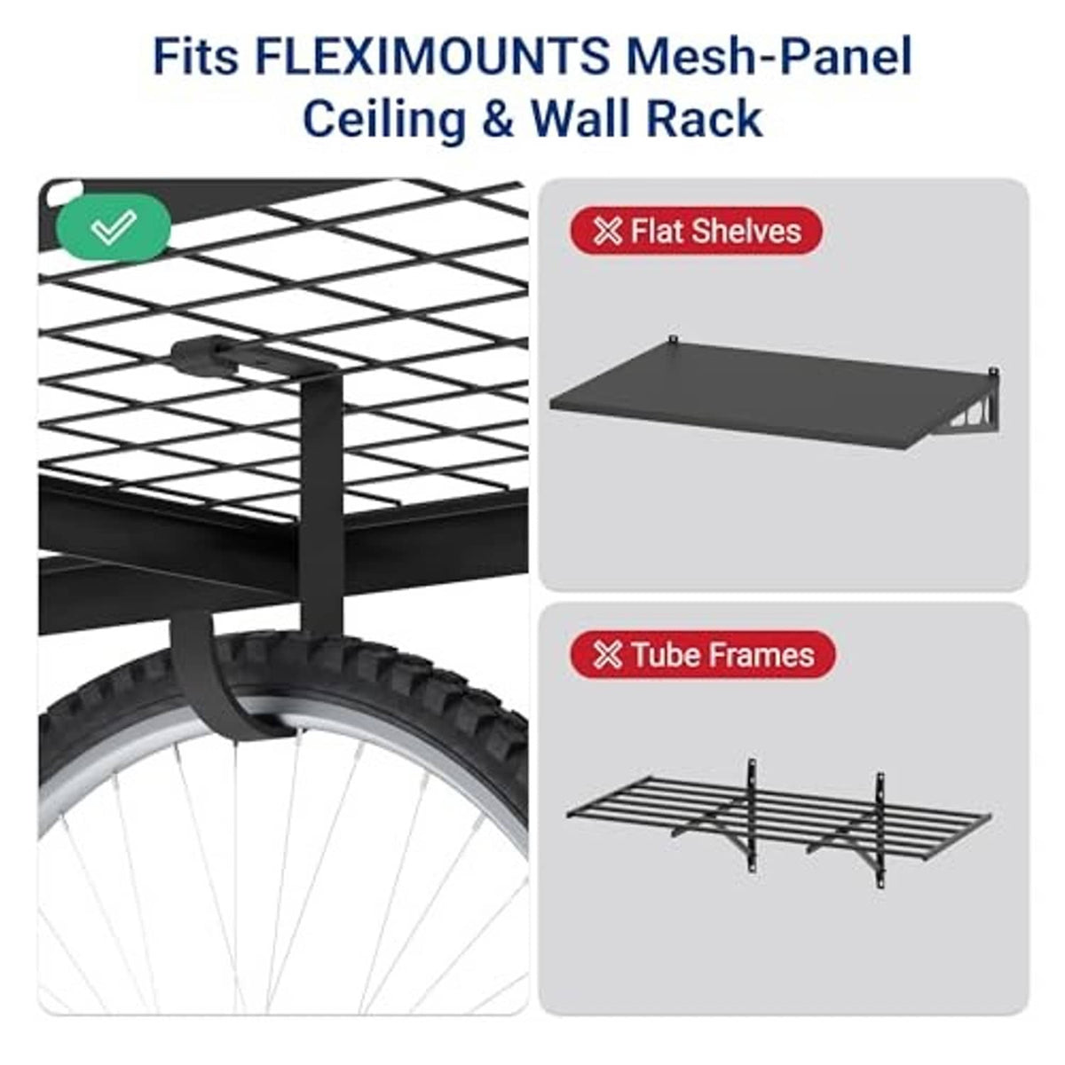 Black flat-top hook fitting FLEXIMOUNTS mesh-panel ceiling and wall rack