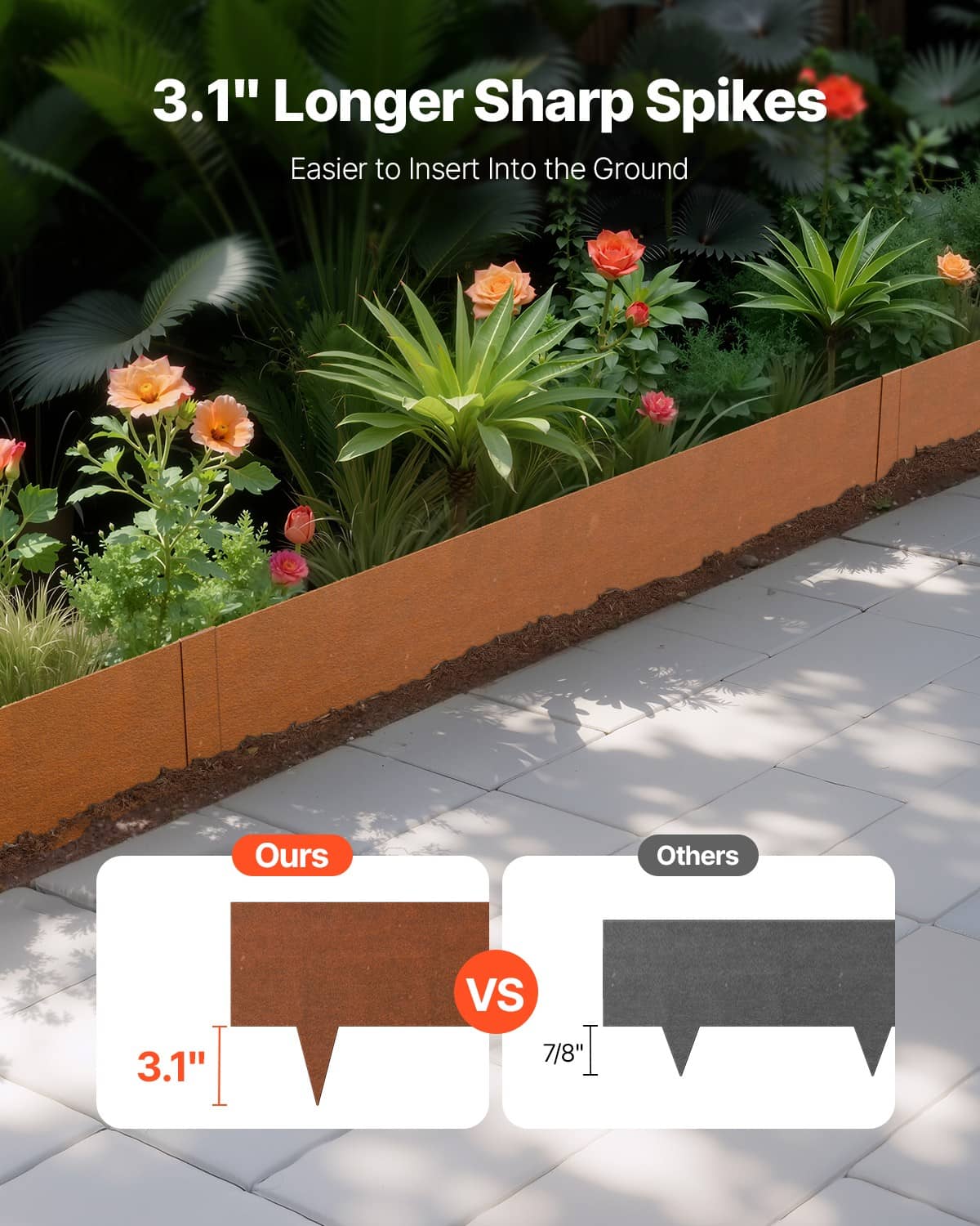 Rust-brown steel yard edging border with sharp spikes for easy ground insertion