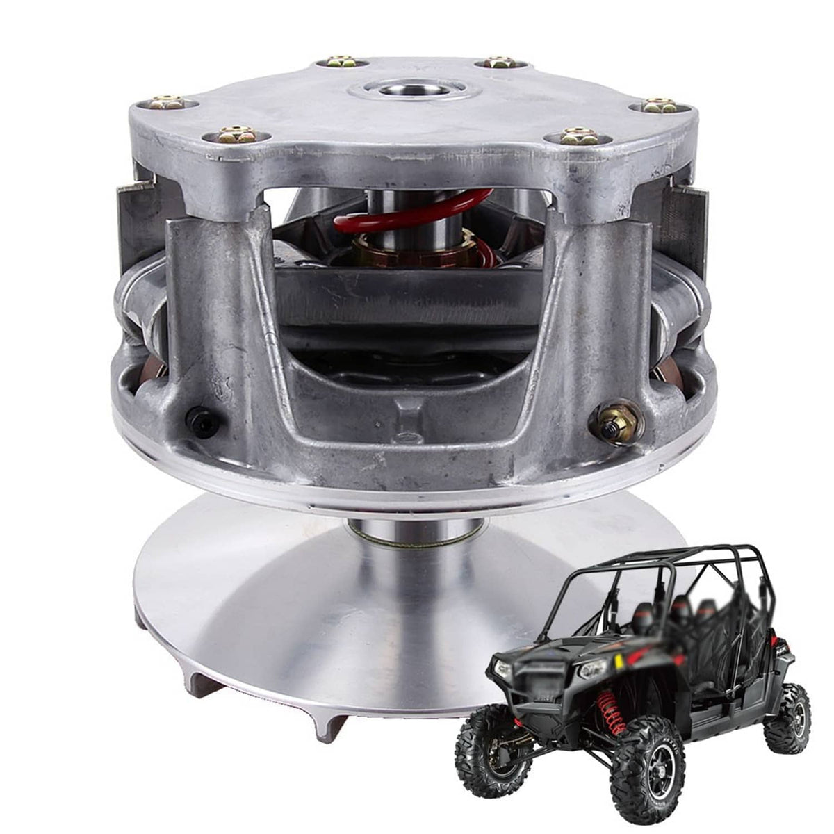 Recoil-style clutch housing with red spring inside and machined aluminum body