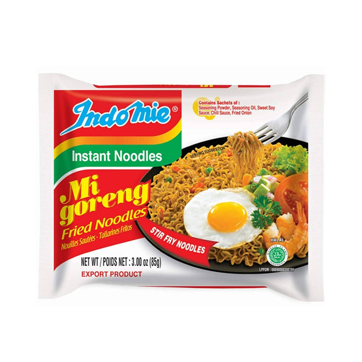 Indomie Mi Goreng instant noodles packet with fried noodles and fried egg graphic