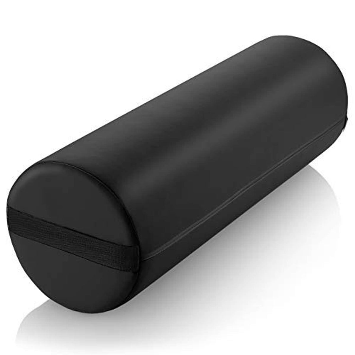 Black round massage table bolster pillow pad with stitched seam detail and smooth cover