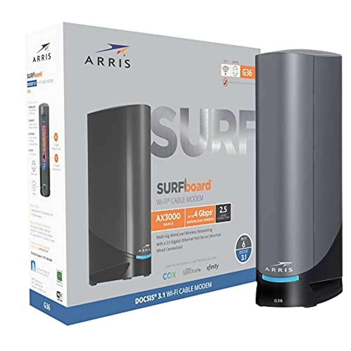 ARRIS SURFboard G36 DOCSIS 3.1 Wi-Fi cable modem, box and black tower unit