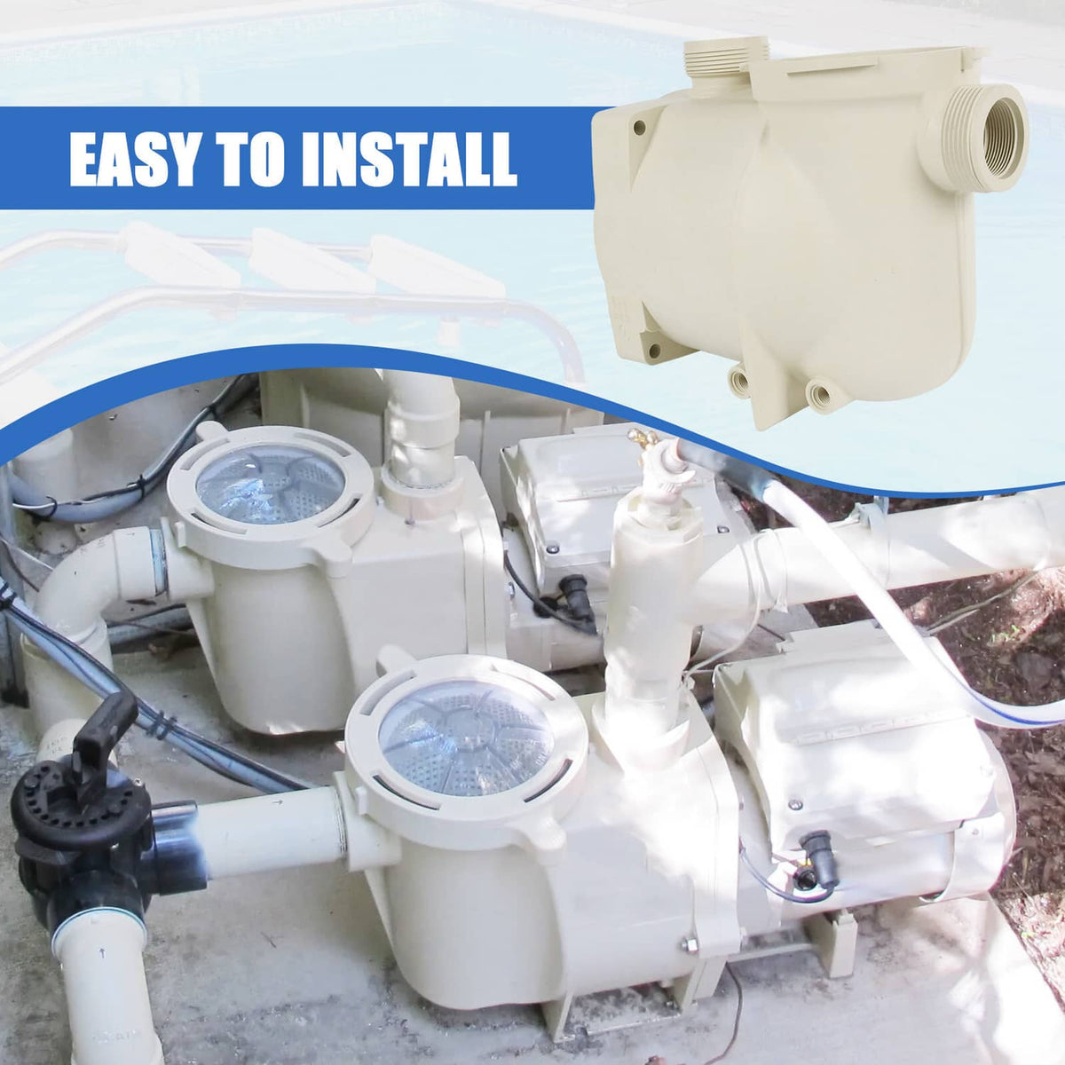 Pool pump housing installed in pump system area, cream-white plastic unit