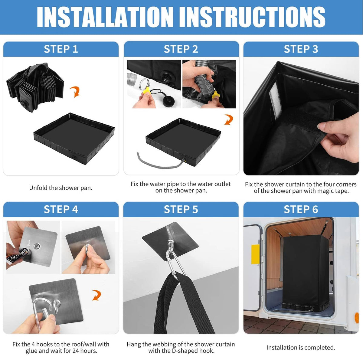 Black portable shower tent installation with foldable pan and corner webbing curtain