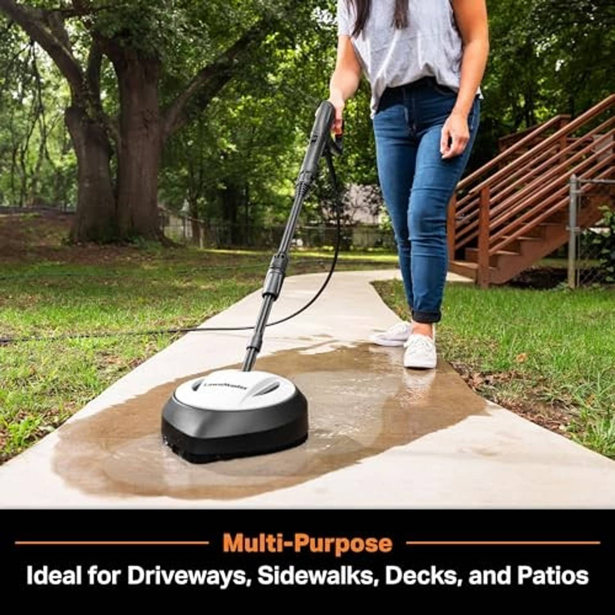 Pressure washer surface cleaner on concrete patio, white top and black base