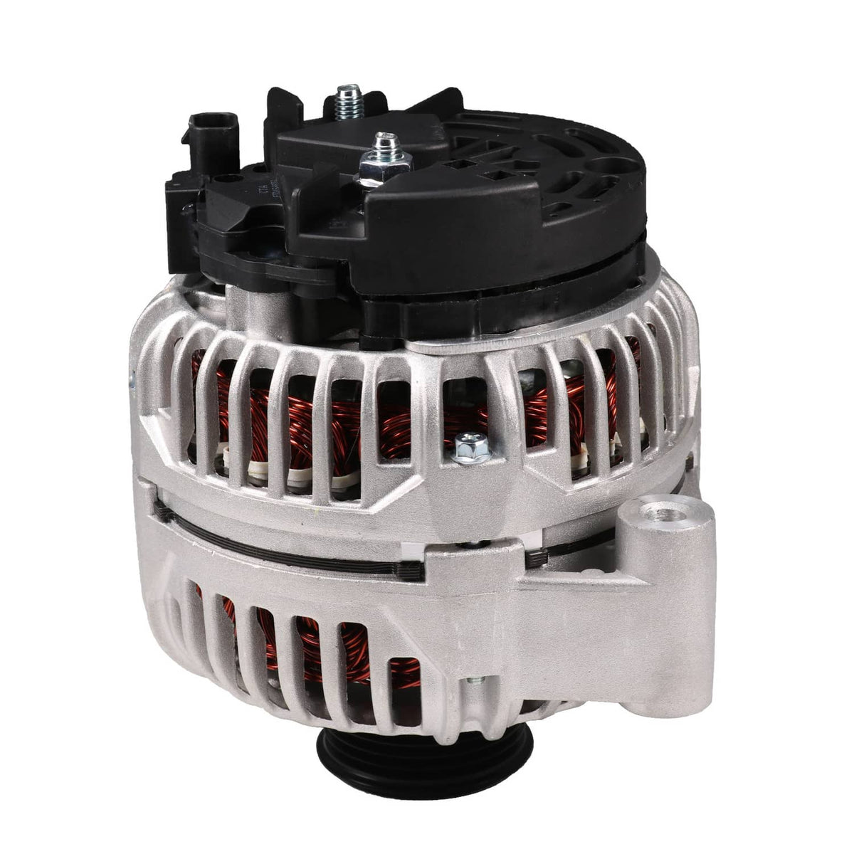 Engine alternator angled rear view with black top terminals and vented silver body