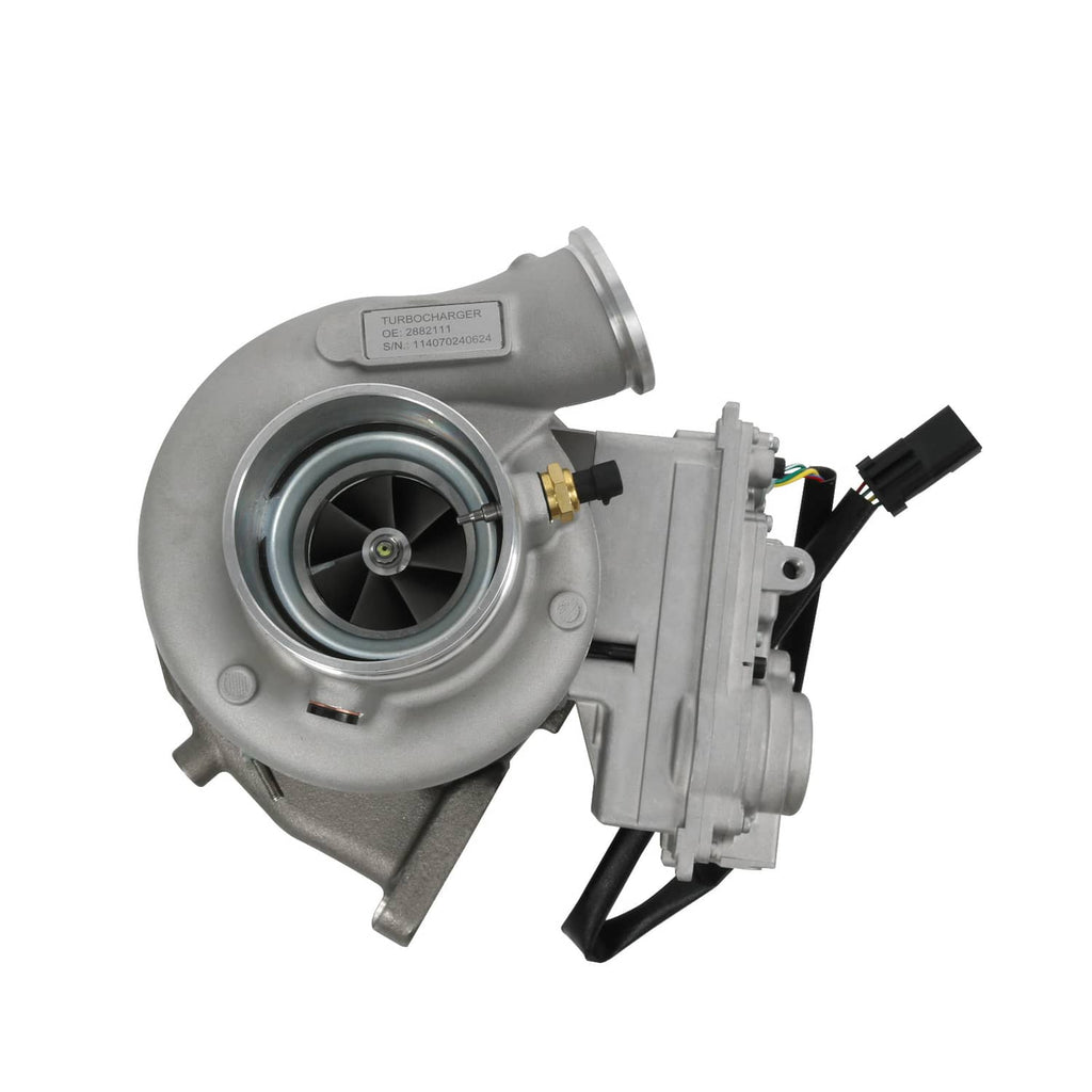 Turbocharger with turbine housing and wastegate actuator, showing inlet and outlet ports