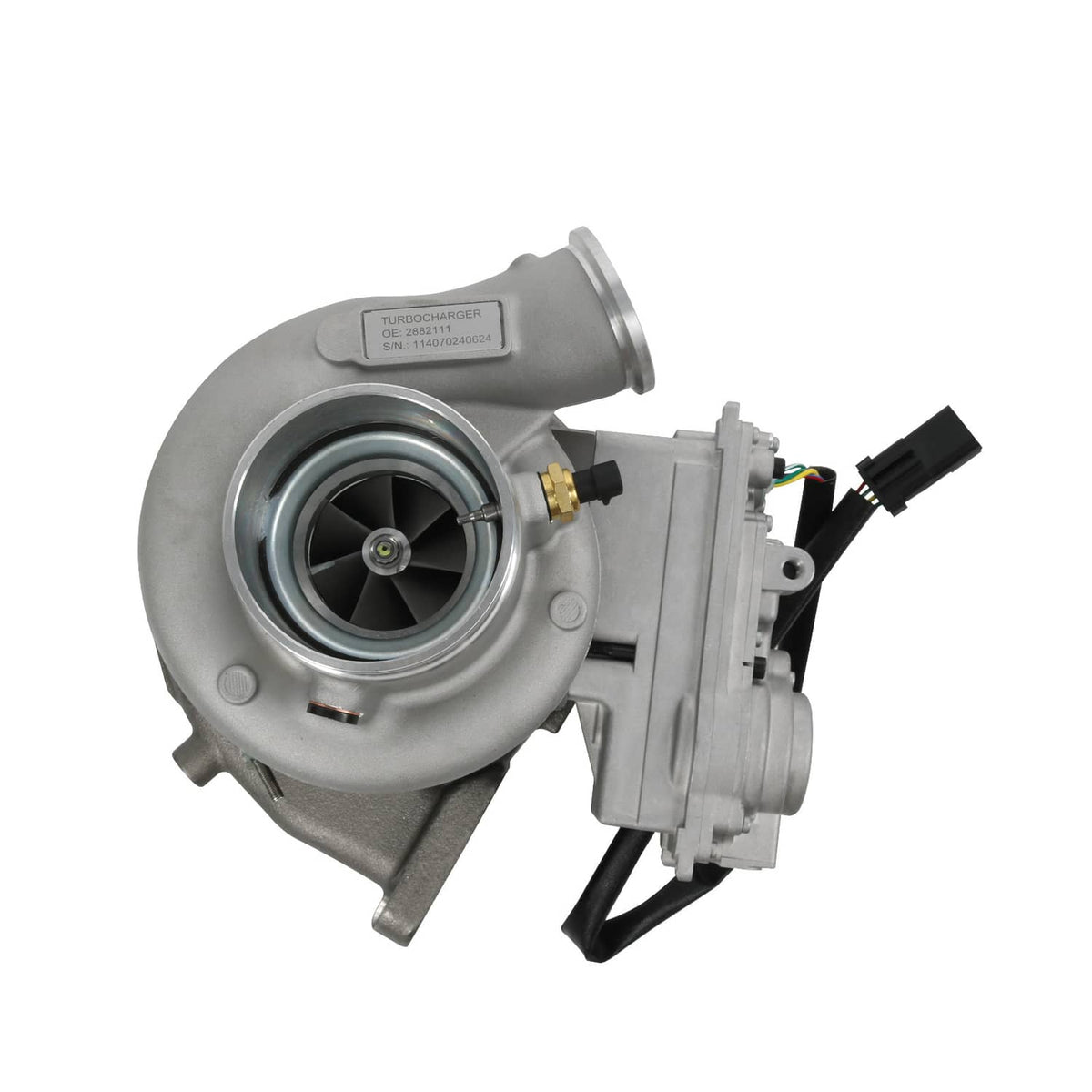Turbocharger with turbine housing and wastegate actuator, showing inlet and outlet ports