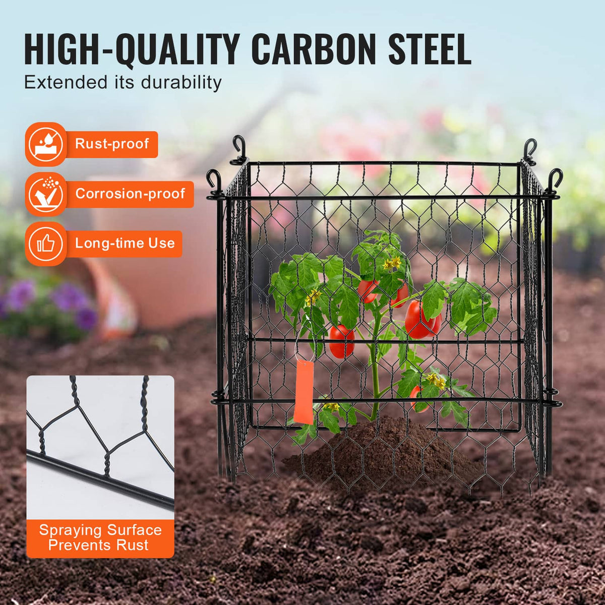 Black metal mesh plant protector cage with rust-resistant carbon steel look