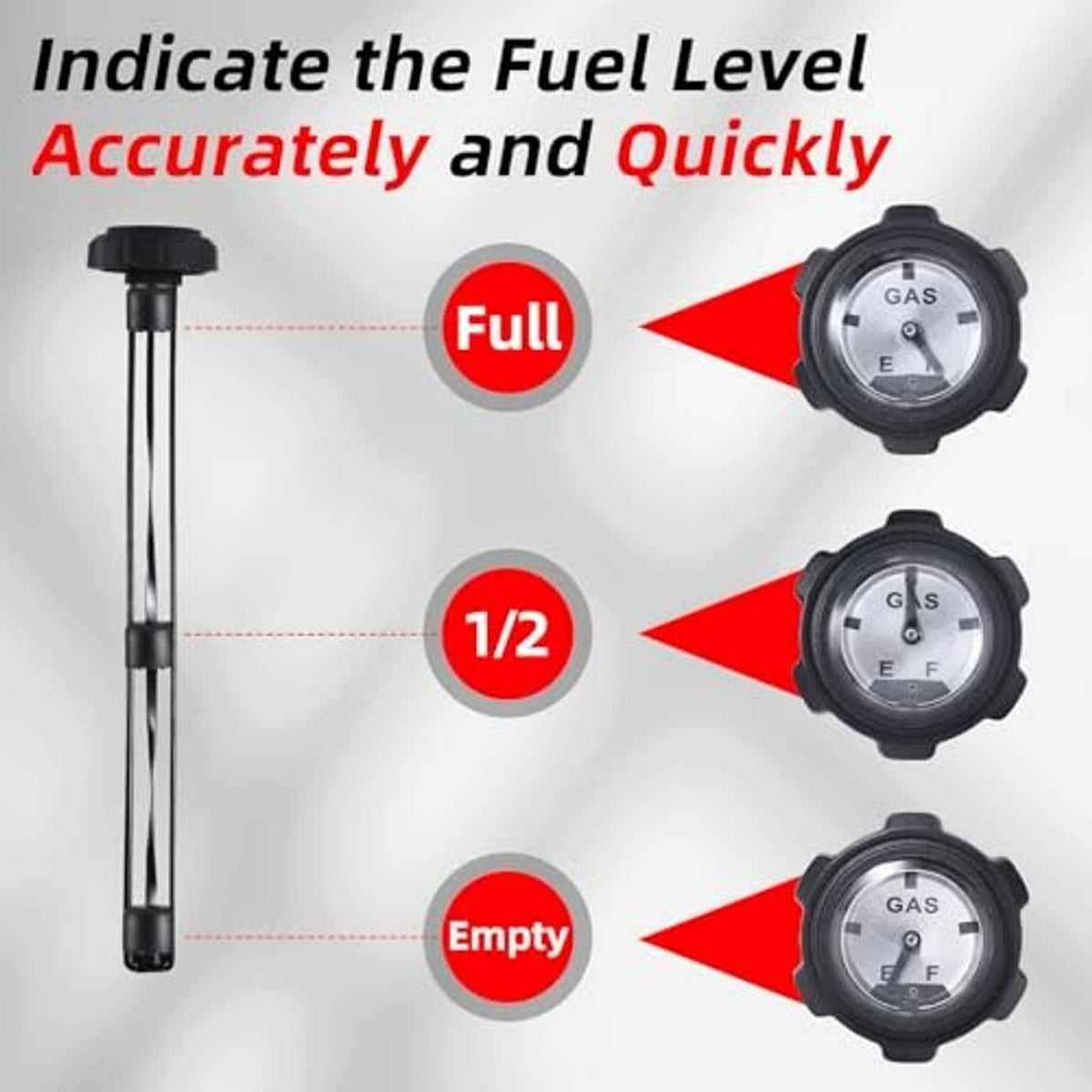 Fuel gauge gas cap with fuel level markings on circular meter and black float rod
