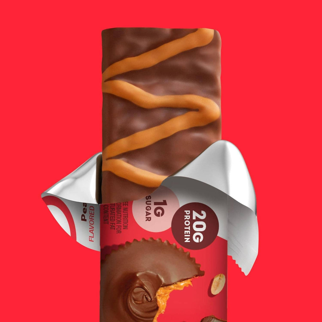 ONE peanut butter cup protein bar with chocolate swirl and visible peanut center.