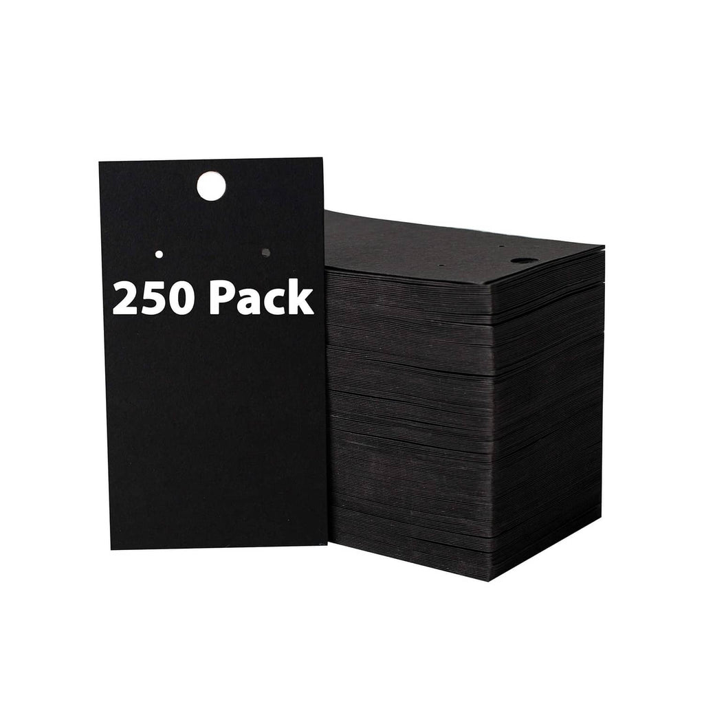 Black 250-pack earring display cards with top hanging hole, stacked in bulk