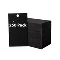 Black 250-pack earring display cards with top hanging hole, stacked in bulk