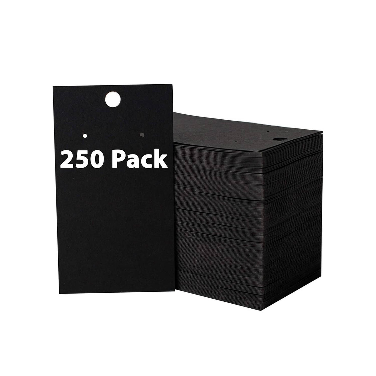 Black 250-pack earring display cards with top hanging hole, stacked in bulk