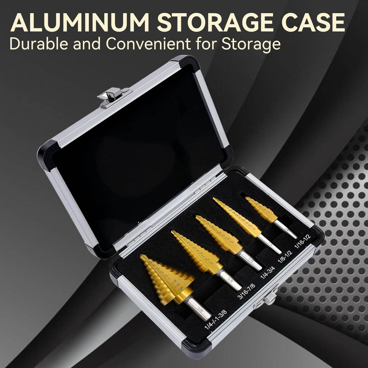 Aluminum storage case holding five gold step drill bits with silver shanks