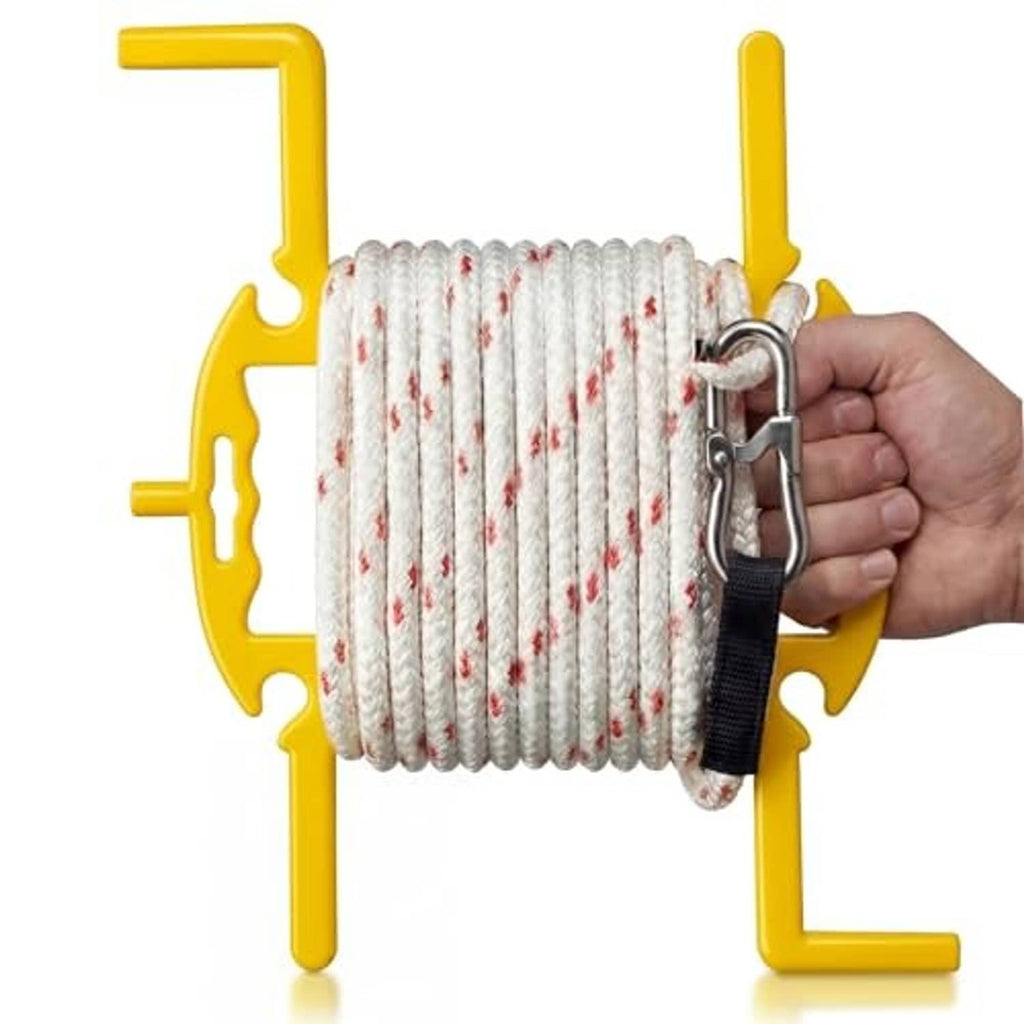Large cord spool winder with handle, winding white rope with red flecks and locking strap.