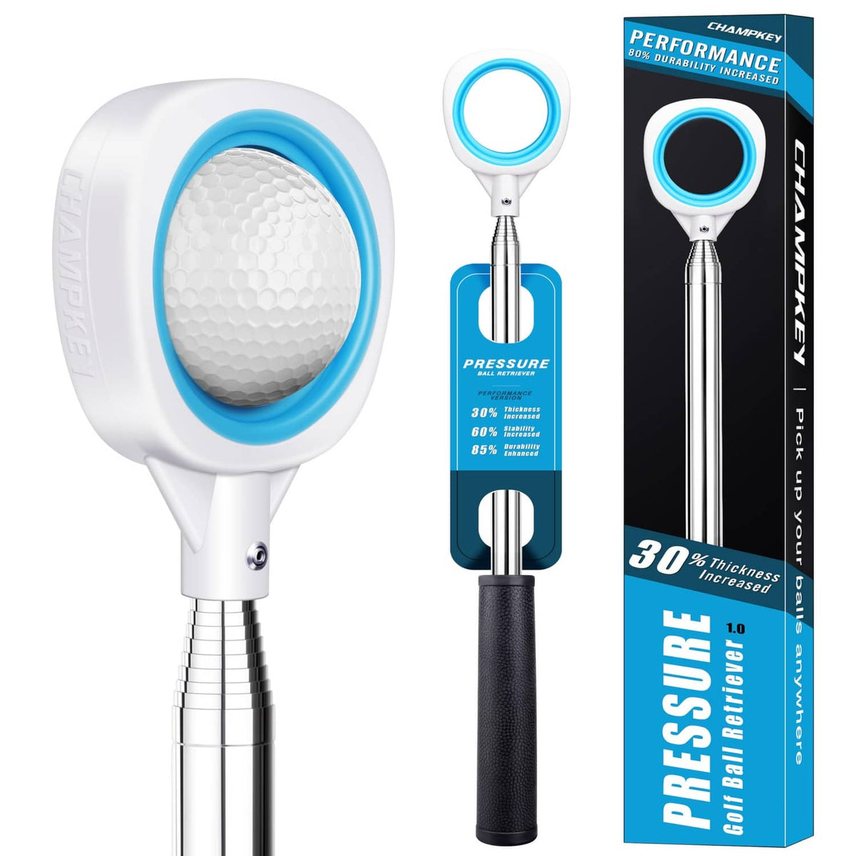 Pressure golf ball retriever with blue scoop head and silver telescopic shaft