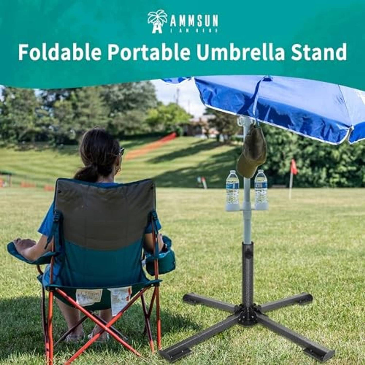Foldable black umbrella stand base with cross feet and water-weight bag