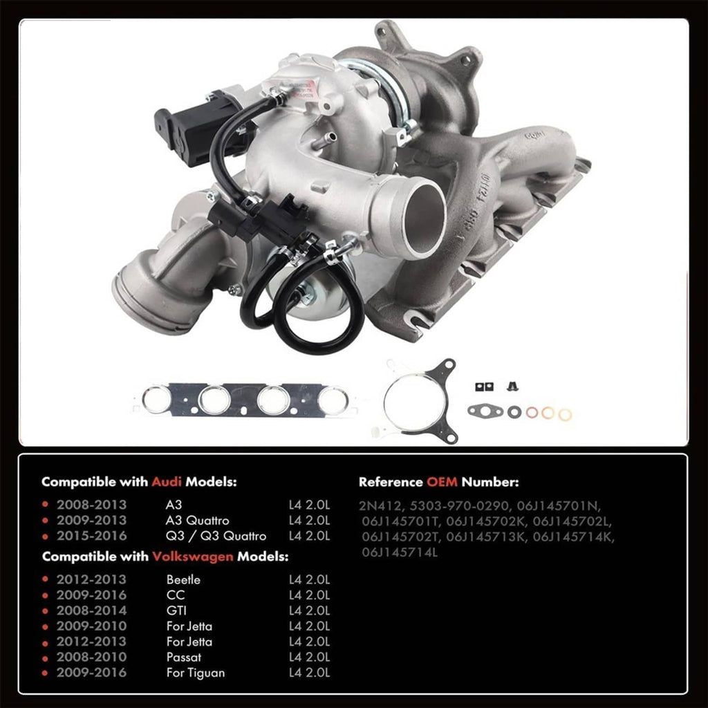 Turbocharger assembly with included gaskets and hardware kit laid out