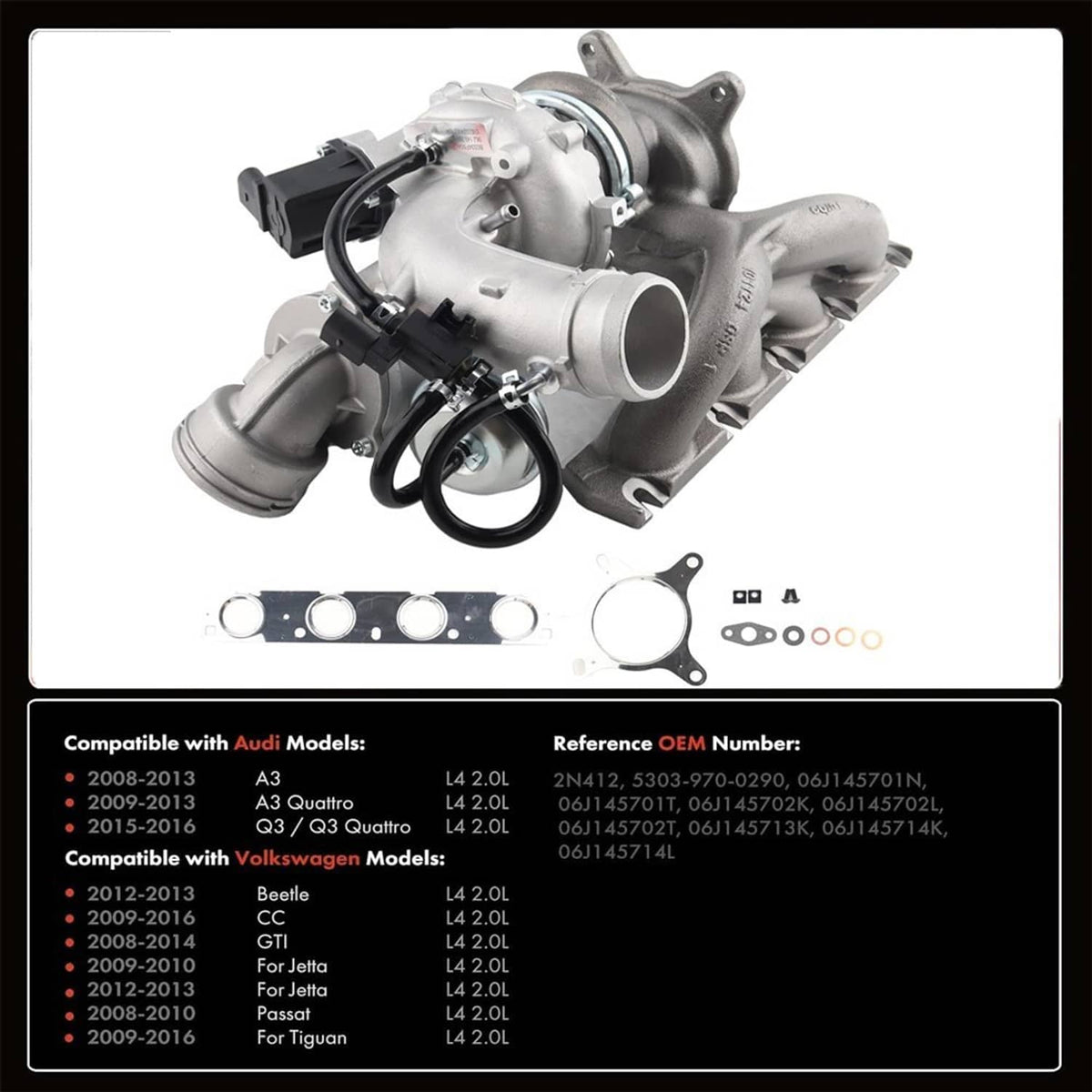 Turbocharger assembly with included gaskets and hardware kit laid out