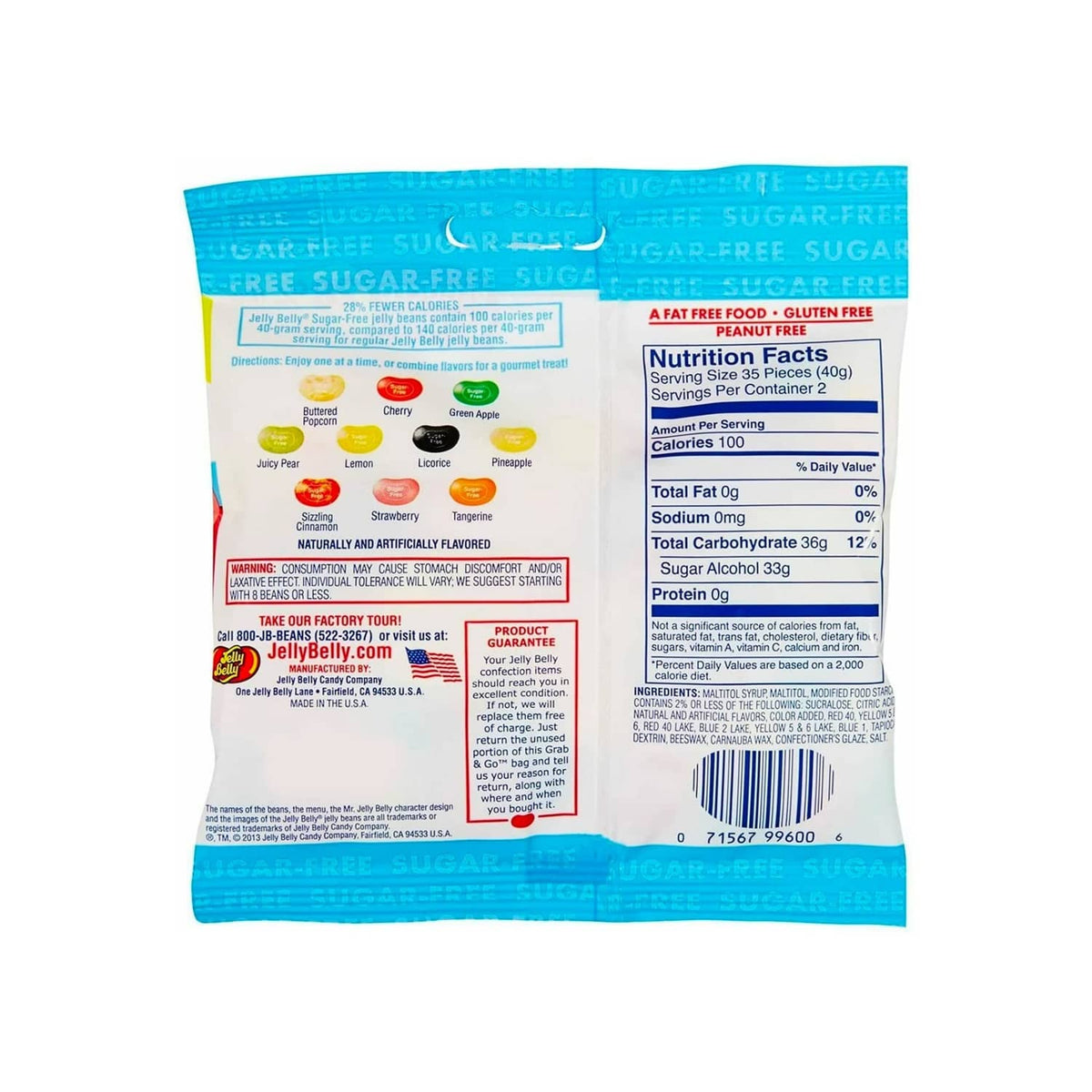 Sweetzo sugar-free jelly beans back pouch with nutrition facts panel