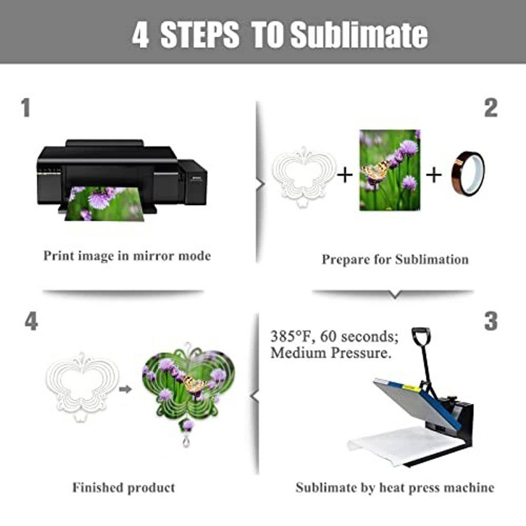 4-step sublimation process for 8-inch butterfly wind spinner blanks, includes printed pieces