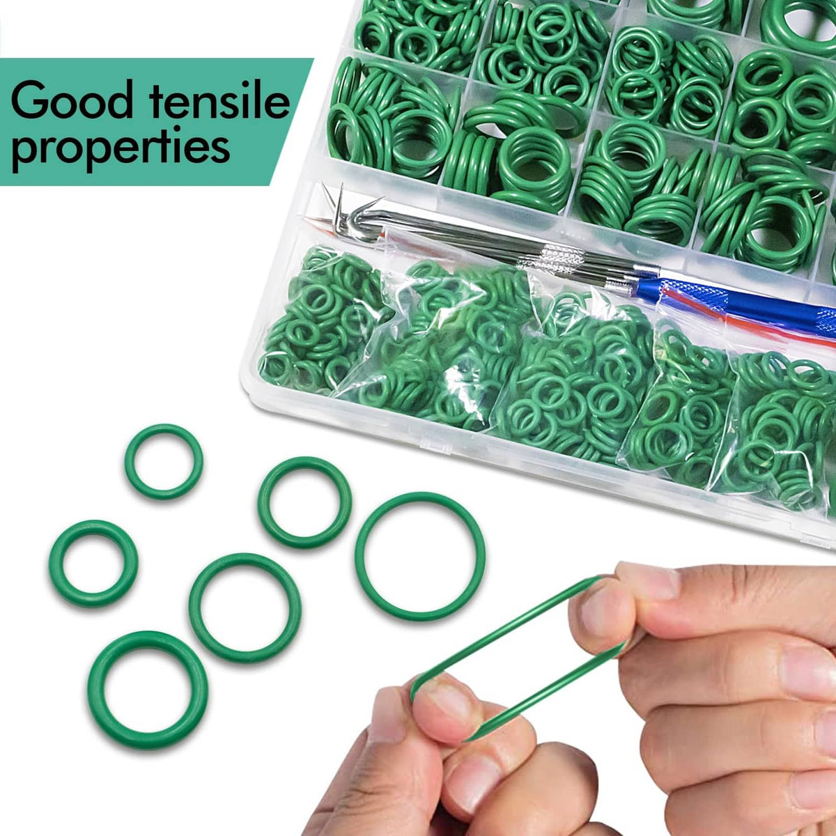 Green O-rings bag assortment with metal pick tool and several rings on tray
