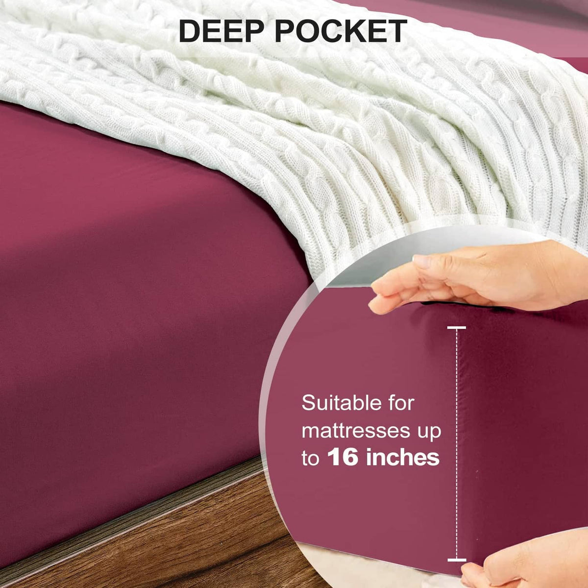 Burgundy deep-pocket fitted sheet corner, fits mattresses up to 16 inches