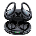 Matte black wireless earbuds with open charging case and LED battery indicator