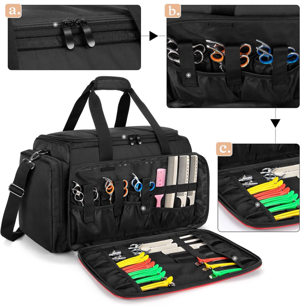Black hairdresser tool bag with front tool slots and side pockets, opened layout