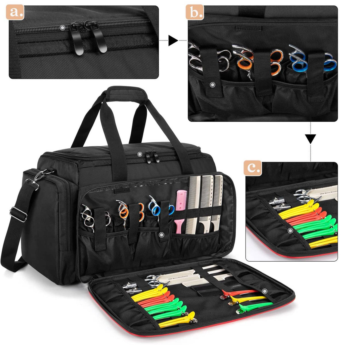 Black hairdresser tool bag with front tool slots and side pockets, opened layout