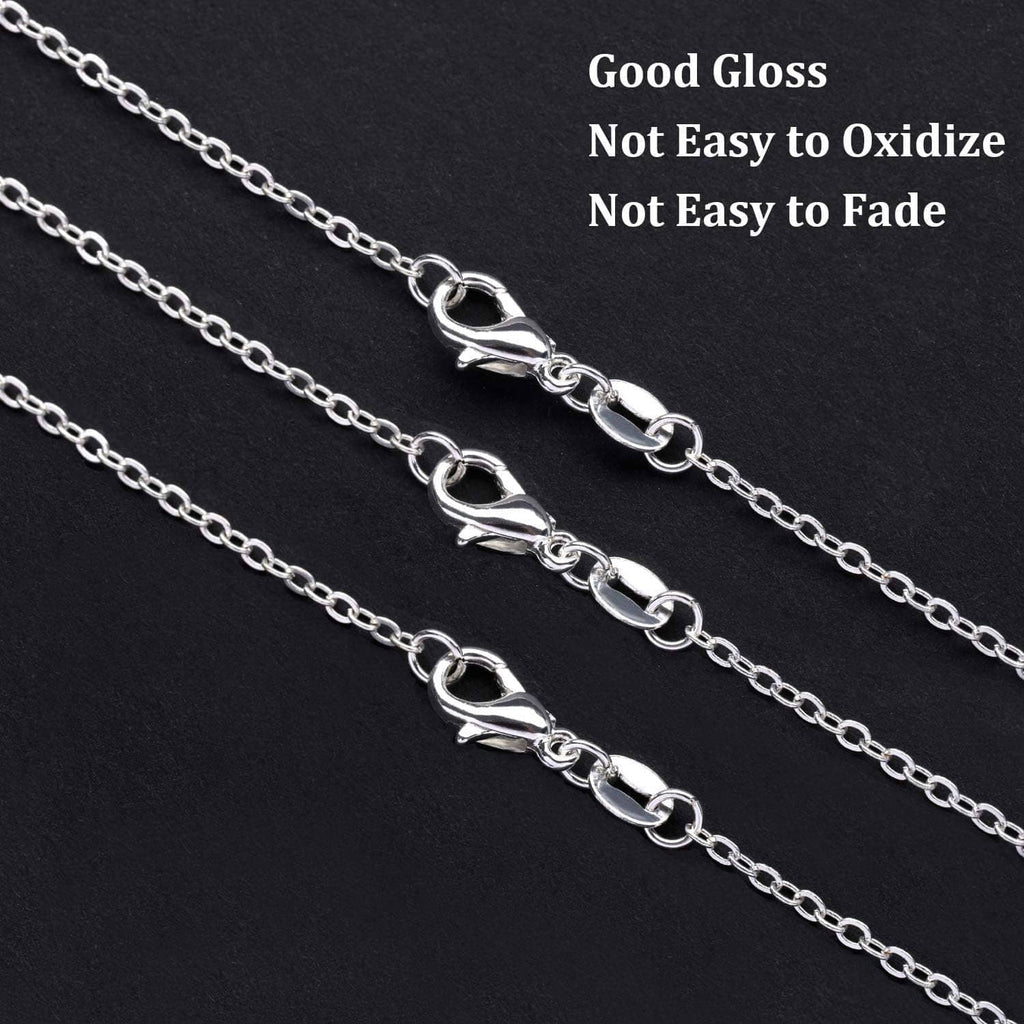 Silver-plated oval link necklace chain with glossy finish, close-up view.