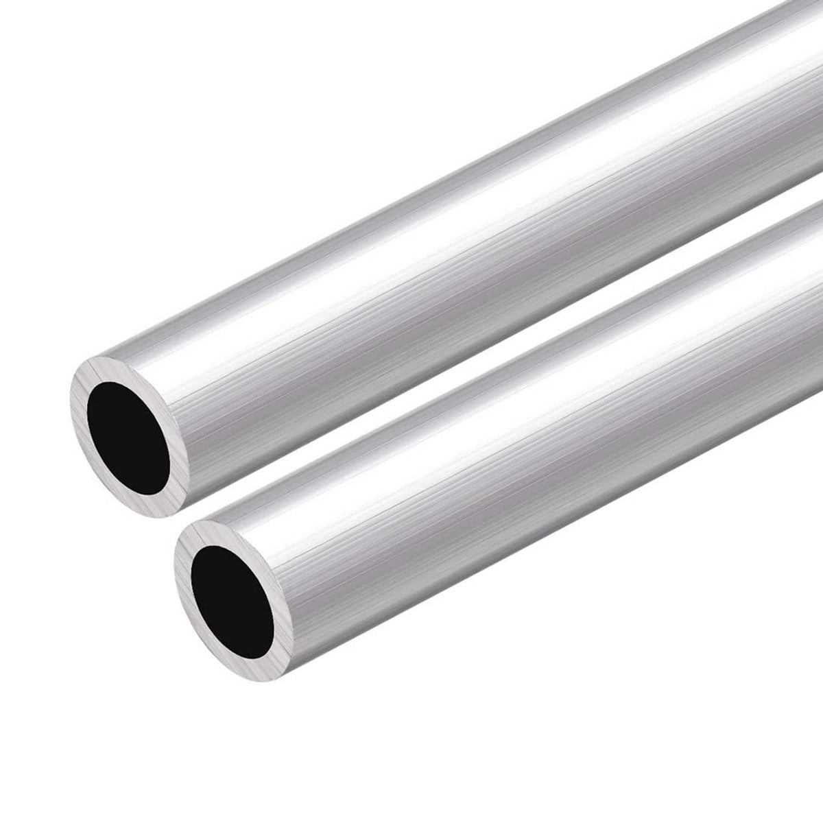 Aluminum round tube, silver-gray, black hollow end, two tubes shown