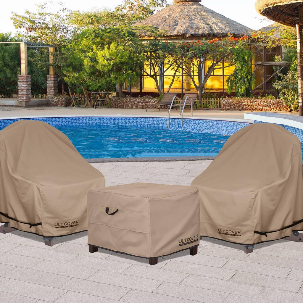Two brown square patio ottoman covers with side straps for outdoor seating