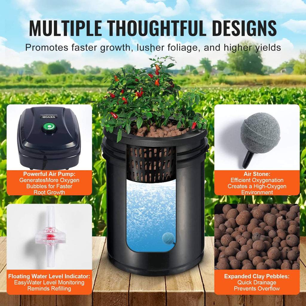 DWC hydroponics bucket with air pump, air stone, and expanded clay growing media